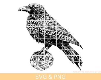 May include: Black and white illustration of a raven with intricate Celtic knotwork patterns on its feathers. The raven is perched on a round, knotted orb.
