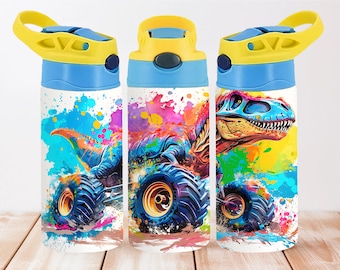 Monster Truck Dinosaur 12oz Kids Flip Top Sippy Cup Tumbler Wrap, 12oz Straight Tumbler Sublimation PNG, Children Tumbler Wrap Design PNG