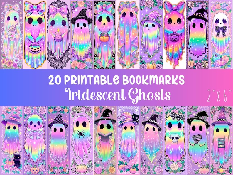 May include: A set of 20 printable bookmarks with iridescent ghost illustrations. Each bookmark measures approximately 5 cm x 15 cm and features a unique ghost character with colourful details, bows, hats, and Halloween accessories. The text reads "20 PRINTABLE BOOKMARKS Iridescent Ghosts".