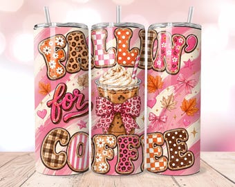Falling for Coffee 20oz Skinny Tumbler Wrap PNG, Pink Leopard Bow, Girly Fall Coffee Straight Tapered Sublimation