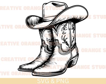 Botas y sombrero de vaquero (SVG y PNG), clipart del oeste, imagen vectorial del oeste, silueta de botas y sombrero de vaquero, diseño de sublimación, archivo de corte de botas