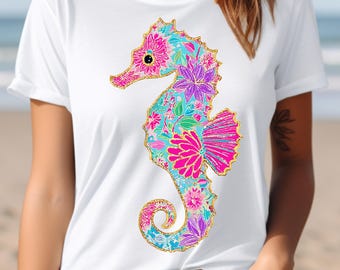 Preppy Floral Summer Seahorse PNG, Summer Vibes Png, Preppy Summer Png, Coastal Png, Glitter Summer Coquette Png, Beach Seashell Clam Png