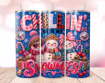Chillin With My Snowmies 20oz Skinny Tumbler Wrap PNG,  Snowman Christmas Leopard Print Sublimation, Digital Download