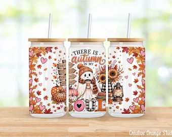 Pink Fall 16oz Libbey Glass Can Wrap PNG, Autumn in My Soul Ghost Pumpkin Sublimation Design (Digital Download)