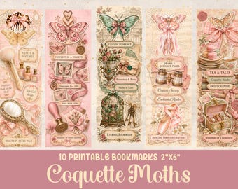Pink Coquette Printable Bookmark Bundle: 10 Vintage Bookish Bow Designs | Moths Junk Journal PNG JPG | Digital Download