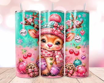 Pink Christmas Reindeer 20oz Skinny Tumbler Wrap PNG, Leopard Ornament Holiday Sublimation, Digital Download