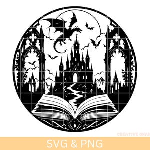Drachenschloss-Buch SVG: Fantasy-Clipart, Silhouette (Digitaler Download)