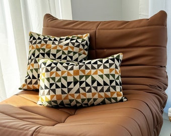 Textured Boho Handmade Throw Pillow Cover, Soft Geometric Triangle Pattern Accent Pillow Case, Green Yellow Black Cushion Cover, Any Size