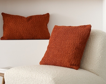 Terracotta Soft & Textured Throw Pillow Cover, Curly Boucle Boho Lumbar Pillow Case, Hidden Zipper, Cozy Farmhouse Decor, Any Size, 20x20