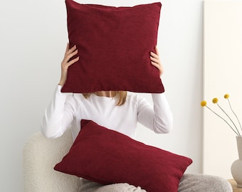 Linen Burgundy Throw Pillow Cover, Handmade Cozy Linen Lumbar Pillow Case, Invisible Zipper, Soft High Quality Cushion Cover, Euro Sham