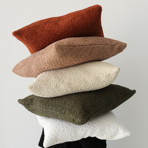 Soft Textured Boucle Throw Pillow Cover, Puffy & Fluffy Handmade Lumbar Pillow Case, Hidden Zipper, Euro Sham, Any Size, 10 Color Options