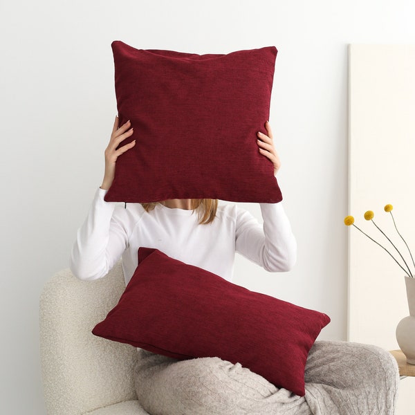 Linen Burgundy Throw Pillow Cover, Handmade Cozy Linen Lumbar Pillow Case, Invisible Zipper, Soft High Quality Cushion Cover, Euro Sham