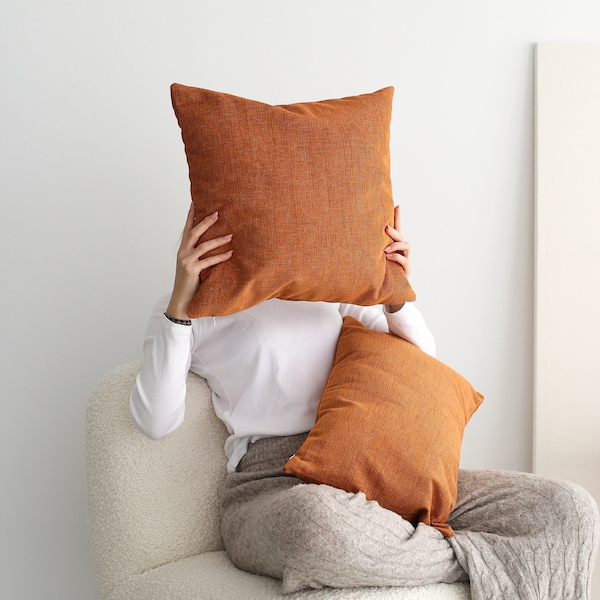 Terracotta Linen Throw Pillow Cover, Boho Hidden Zipper Custom Lumbar Pillow Case, Rustic Rust Color Linen Couch Cushion Cover, 18x18 20x20