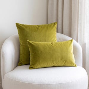 Può includere: Due cuscini in velluto color chartreuse, uno quadrato e uno rettangolare, caratterizzati da una consistenza morbida e vellutata. I cuscini sono a tinta unita con bordi rifiniti, mostrando una superficie in tessuto liscia e vivace.