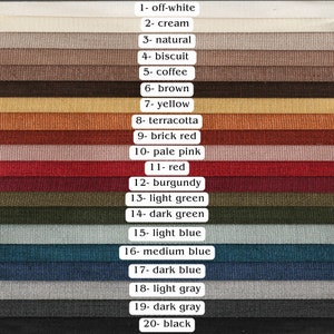 Pu&ograve; includere: Campionario di tessuti con 20 campioni di tessuto in vari colori, tra cui bianco sporco, crema, naturale, biscotto, caff&egrave;, marrone, giallo, terracotta, rosso mattone, rosa pallido, rosso, bordeaux, verde chiaro, verde scuro, blu chiaro, blu medio, blu scuro, grigio chiaro, grigio scuro e nero.