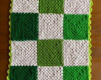 Checkered Greens Crochet Baby Blanket with Scalloped Border
