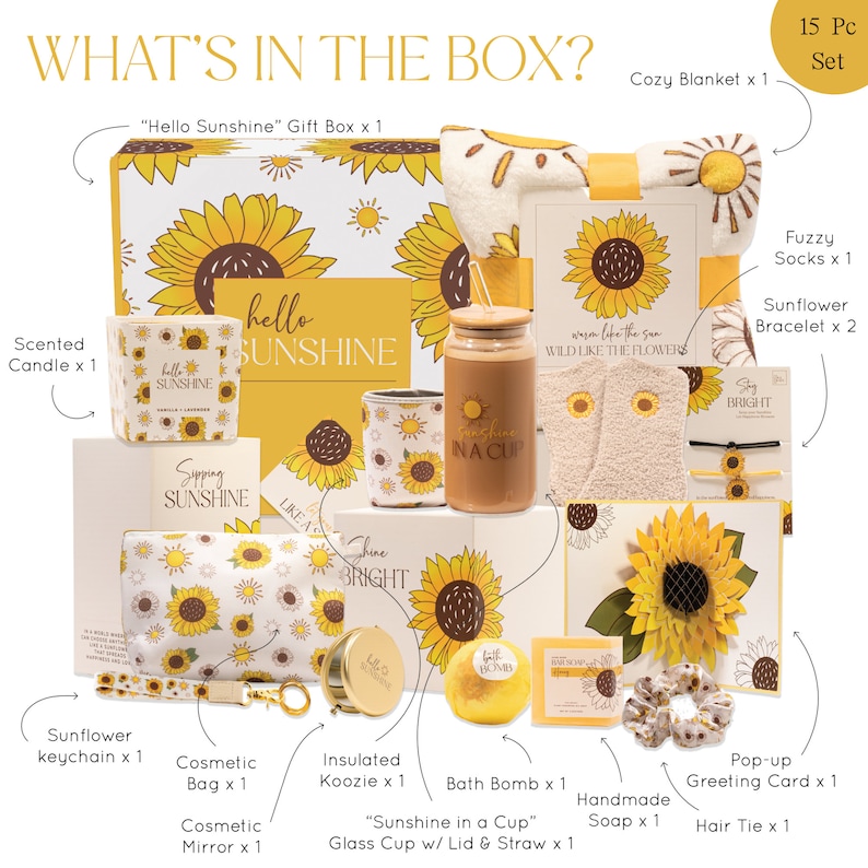 May include: A gift box filled with sunflower-themed items, including a candle, a cosmetic bag, a keychain, a bath bomb, a glass cup, a koozie, a bracelet, a hair tie, a greeting card, and a blanket. The box is decorated with sunflowers and the text "Hello Sunshine".