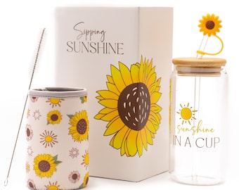 Sunflower Glass Tumbler Gift Set: Bamboo Lid, Straw & Sleeve