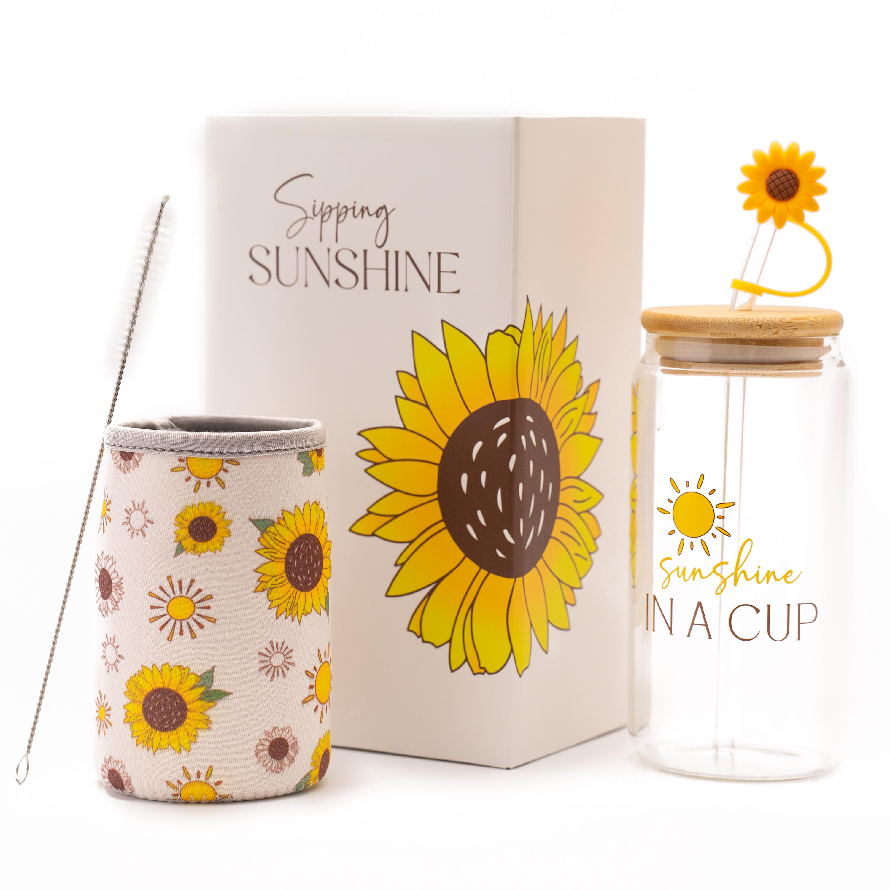 Sunflower Glass Tumbler Gift Set: Bamboo Lid, Straw & Sleeve