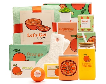 Orange Self Care Gift Box: Cozy Blanket, Spa Kit, Fuzzy Socks