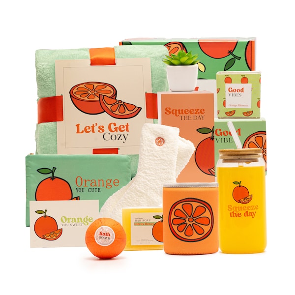 Orange Self Care Gift Box: Cozy Blanket, Spa Kit, Fuzzy Socks