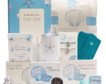 The Love Crate Co Self Care Gifts for Women. 15pc Gift Box Filled with Ocean Themed Beach Lover Gifts for Her. Birthday Package for Woman