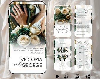 Emerald Green Champagne White and Gold Mobile Wedding Video Invitation, Animated Wedding Invitation, Fleur Digital Invite Video #R3RSEG