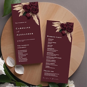 Modello di programma di matrimonio floreale Borgogna, itinerario del programma della cerimonia, modello modificabile Canva, fronte e retro, erba della pampa Boho #L1RSBY
