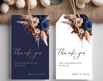 Navy Blue Rose Gold Floral Wedding Favor Tags Template, Editable Favor Tags, Instant Download, Cropped & Rectangle Tags, Canva #F7RSBG