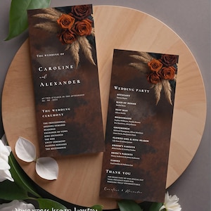 Roestbruinoranje bloemen bruiloft programma's sjabloon, ceremonieprogramma reisplan, canva bewerkbare sjabloon, voor- en achterkant, pampagras #L1RSRO