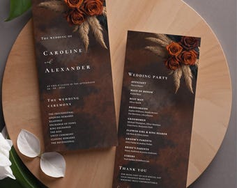 Rust Brown Orange Floral Wedding Programs Template, Ceremony Program Itinerary, Front & Back, Pampas #L1RSRO