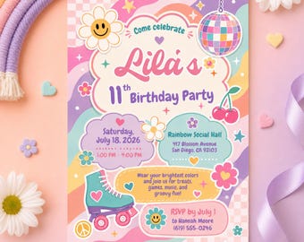 May include: A rectangular birthday party invitation card featuring a colorful wavy background with a disco ball, roller skate, and daisy graphics. The text reads: Come celebrate Lila's 11th Birthday Party, Saturday, July 18, 2026, 1:00 PM - 4:00 PM, Rainbow Social Hall, 417 Blossom Avenue, San Diego, CA 92103, RSVP by July 1 to Hannah Moore (619) 555-0246.