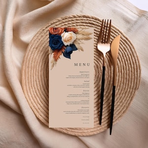 Plantilla de menú de boda con flores en azul marino y naranja quemado, editable en Canva, descarga instantánea, estilo boho pampas, plantilla de menú imprimible #L1RSBB