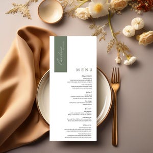 Saliegroen bruiloftsmenusjabloon, minimalistisch naamplaatje, plaatskaartmenu, Canva bewerkbare sjabloon, direct downloaden, saliegroen label #W8PNSG