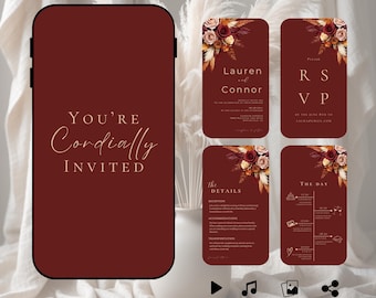 May include: A burgundy wedding invitation suite with floral accents. The invitation on the left says "You're Cordially Invited." The suite includes RSVP, details, and day cards. The bottom of the image has icons for video, music, photo, and share.