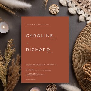 バーント オレンジの結婚式招待状、Canva 編集可能テンプレート、即時ダウンロード、ミニマリスト モダン 結婚式招待状、さび茶色オレンジ #W8PNBO