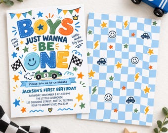 May include: A first birthday invitation card featuring colorful text reading BOYS JUST WANNA BE ONE, a green race car, and party details for Jackson. The reverse side has a light blue and white wavy checkerboard pattern with small car, star, lightning bolt, and smiley face icons.
