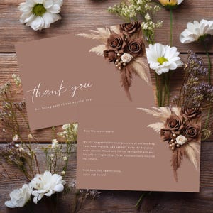 Modelo de cartão de agradecimento floral marrom chocolate para casamento, cartão de agradecimento editável para impressão, modelo Canva, Boho Pampas Grass #L1RSCB