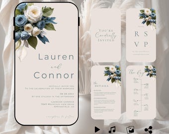 Puede incluir: Juego de tarjetas de invitación de boda con diseños florales. La tarjeta principal muestra nombres y detalles del evento. Tarjetas adicionales incluyen RSVP, detalles y un horario. El diseño incorpora flores azules y blancas, con texto en color neutro.