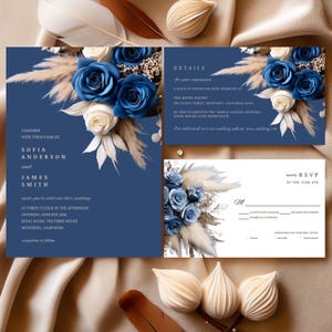 Navy Blue Rose Floral Wedding Invitation Bundle, Canva Editable Template, RSVP and Details Card, Instant Download, Boho Pampas #F4RSNV