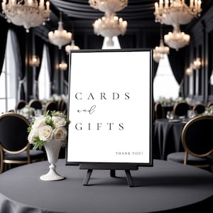 Plantilla de letrero de boda con tarjetas y obsequios, letrero de boda minimalista moderno, letrero de mesa con obsequios de boda, plantilla Canva, letrero de recepción de mesa