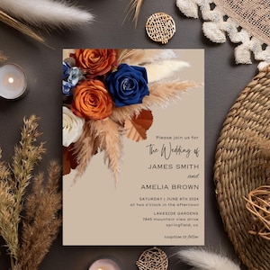 Marineblau, Gebranntes Orange, Weiße Rosen Blumenhochzeitseinladung, Canva bearbeitbare Vorlage, Sofort Download, Boho Pampas Floral #F7RSNB
