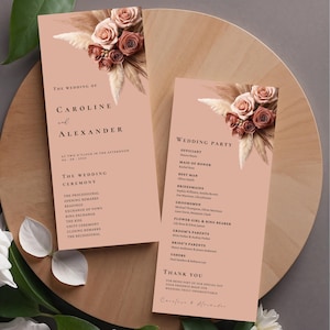 Mall för rustikt engelskt bröllopsprogram med dusty roser, ceremoniprogram, elegant blomsterplan, Canva-mall, fram- och baksida #L1RSRE