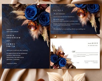 Marineblauwe diep koperen roos bloemen bruiloft uitnodiging set, canva bewerkbare sjabloon, instant download, RSVP-detail, boho pampa bloemen #F7RSND
