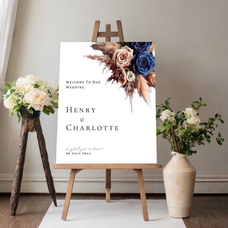 Navy Blue Rose Gold Floral Wedding Sign Poster, Editable Sign