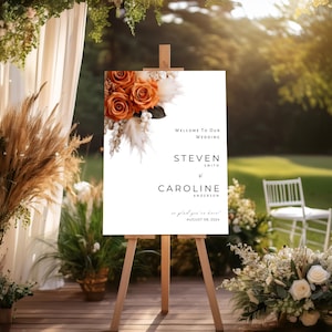 Affiche de panneau de bienvenue de mariage floral orange brûlé, modèle de panneau modifiable, téléchargement immédiat, modèle modifiable Canva #F4RSBO