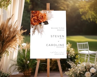 Burnt Orange Floral Wedding Welcome Sign Poster, Editable Sign Template, Instant Download, Canva Editable Template  #F4RSBO