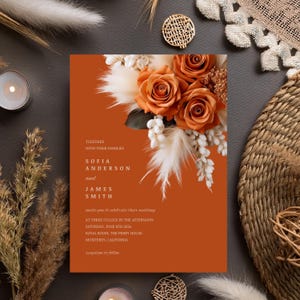 Burnt Orange Floral Wedding Invitation, Canva Editable Template, Rose Floral Garden Invitation, Instant Download, Boho Pampas #F4RSBO