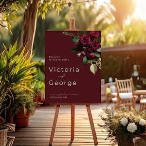 Burgundy Floral Wedding Welcome Sign Board, Editable Sign Template, Instant Download, Canva Editable Template #R2RSBY