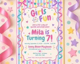 May include: A rectangular birthday invitation card with vertical pastel stripes, featuring the text Girls just wanna have FUN, Mila is Turning 7!, Saturday, September 12, 2026, 2:00 PM - 5:00 PM, Sunny Bloom Playhouse, 245 Rosewood Lane, Austin, TX 78704.